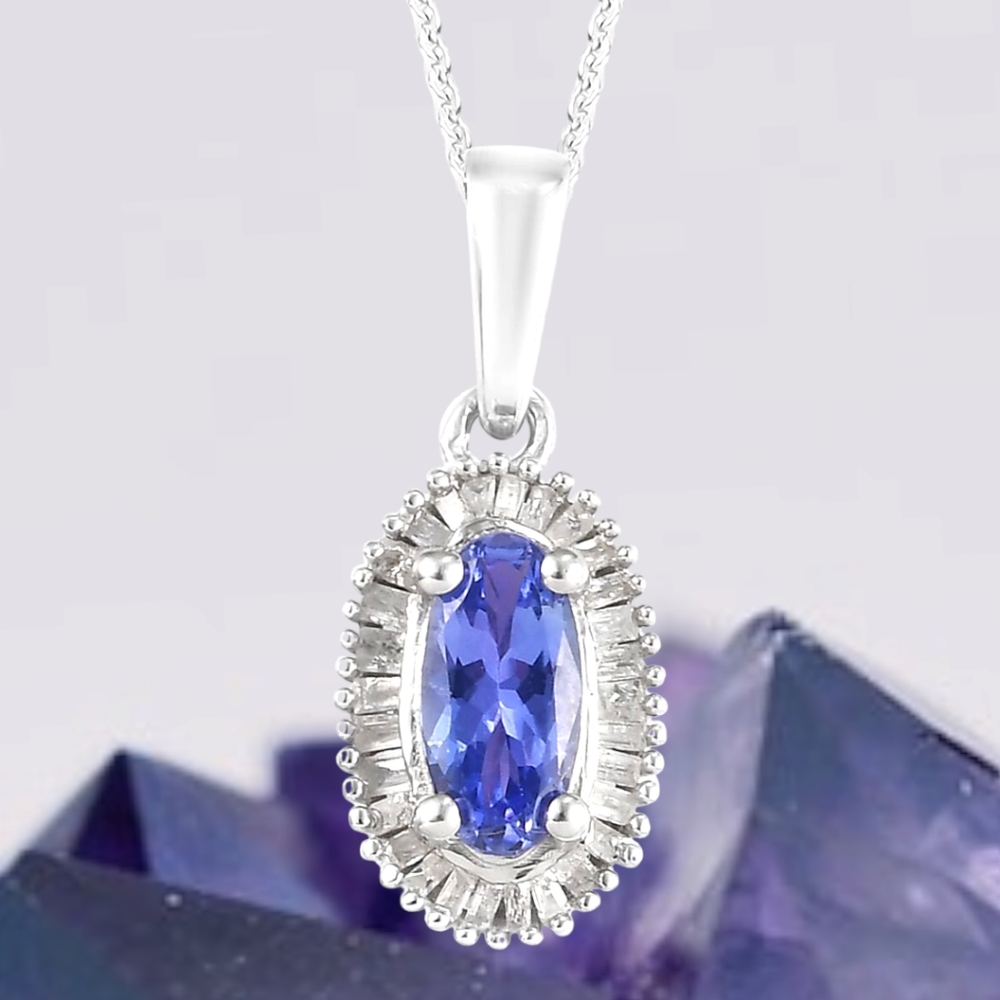 NWT TANZANITE & DIAMOND PENDANT NECKLACE IN PLATINUM OVER STERLING SILVER